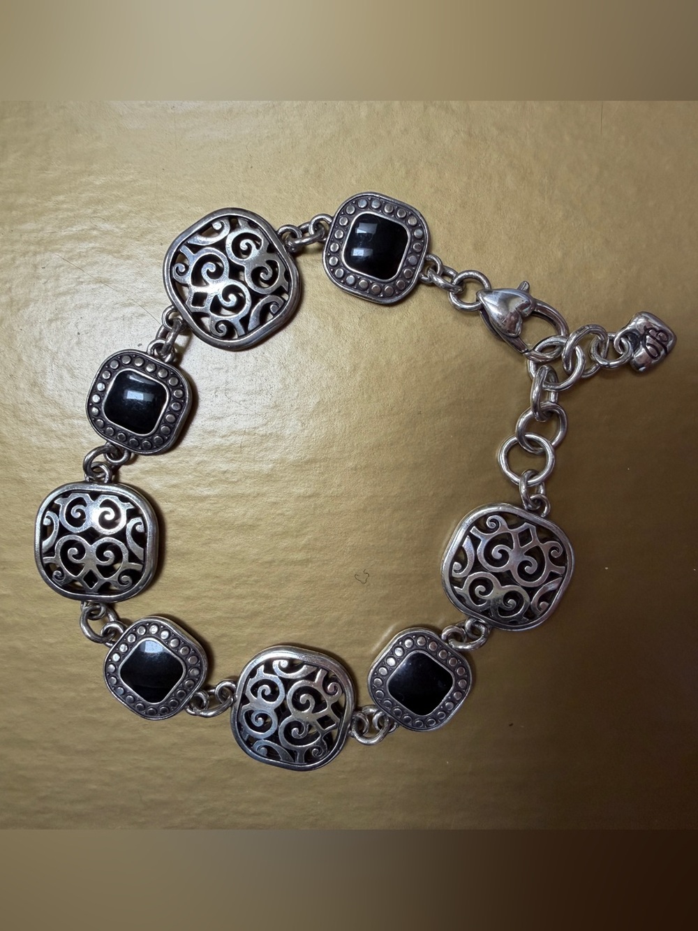 🩷 Brighton Sterling Silver Black Stone Filigree Link Bracelet